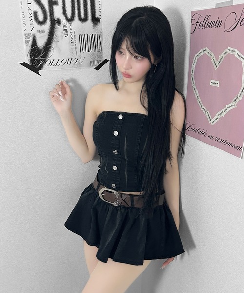 FOLLOWIN(フォロウィン)の「【セットアップ】ヴィンテージライクデニムチューブトップ+フレアスカート(セットアップ・レディース・ブラック・FREE)」の16枚目の写真