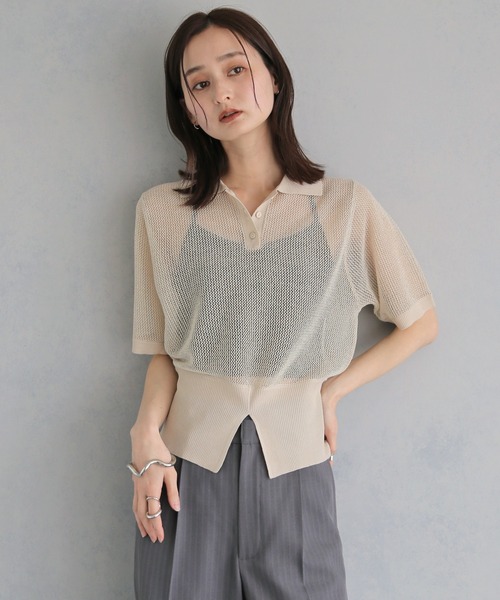 &g'aime(アンジェム)の「【&g'aime 】ラメメッシュポロニット Glitter Mesh Polo Knit(ニット/セーター・レディース・アイボリー/グレー/ブラック・FREE)」の2枚目の写真