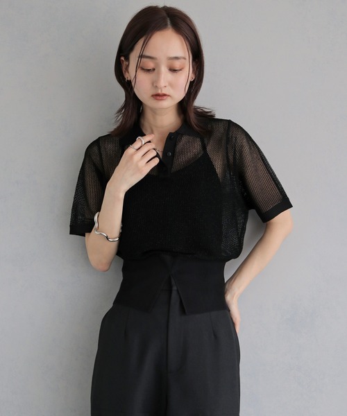 &g'aime(アンジェム)の「【&g'aime 】ラメメッシュポロニット Glitter Mesh Polo Knit(ニット/セーター・レディース・アイボリー/グレー/ブラック・FREE)」の3枚目の写真