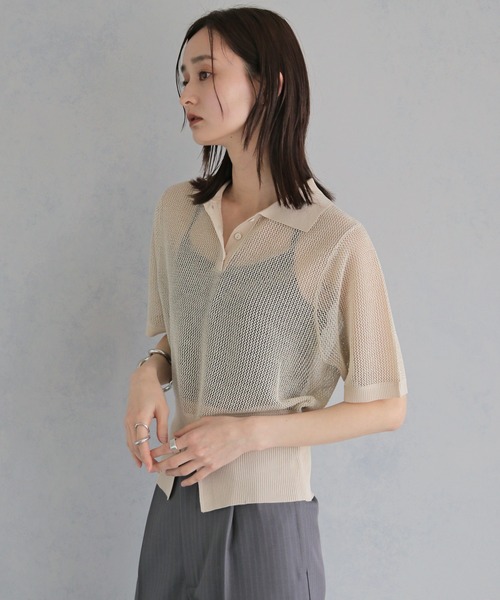 &g'aime(アンジェム)の「【&g'aime 】ラメメッシュポロニット Glitter Mesh Polo Knit(ニット/セーター・レディース・アイボリー/グレー/ブラック・FREE)」の9枚目の写真