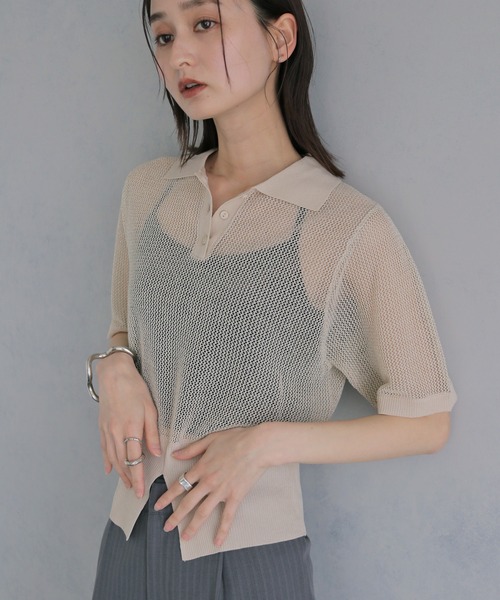 &g'aime(アンジェム)の「【&g'aime 】ラメメッシュポロニット Glitter Mesh Polo Knit(ニット/セーター・レディース・アイボリー/グレー/ブラック・FREE)」の7枚目の写真