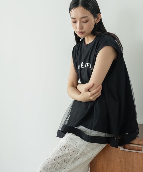 mili an deni（ミリアンデニ）の「チュールレイヤードロゴプリントTシャツ（Tシャツ/カットソー・レディース・ブラック/ホワイト・M）」の9枚目の写真