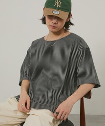 マルチボーダーサイドスリットオーバーサイズボートネックTシャツ
