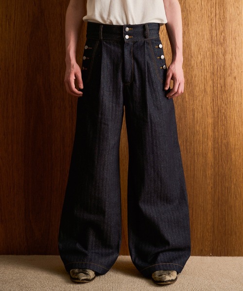 CAMPHOR WOOD(カンファーウッド)の「LACEUP SAILOR HERRINGBONE DENIM / レースアップセイラーヘリンボーンデニム(デニムパンツ・メンズ・インディゴブルー/ブラック・SMALL/MEDIUM/LARGE)」の2枚目の写真