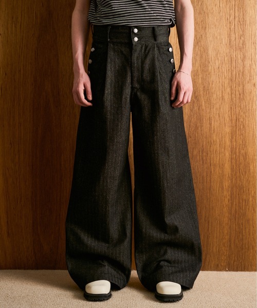 CAMPHOR WOOD(カンファーウッド)の「LACEUP SAILOR HERRINGBONE DENIM / レースアップセイラーヘリンボーンデニム(デニムパンツ・メンズ・インディゴブルー/ブラック・SMALL/MEDIUM/LARGE)」の1枚目の写真