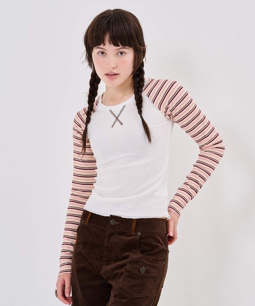 TINA:JOJUN(ティーナジョジュン)の「マルチボーダー ラグラン サーマルロンT TINA:JOJUN(Tシャツ/カットソー・レディース・ホワイト/グレー・M)」の1枚目の写真