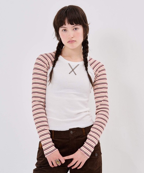 TINA:JOJUN(ティーナジョジュン)の「マルチボーダー ラグラン サーマルロンT TINA:JOJUN(Tシャツ/カットソー・レディース・ホワイト/グレー・M)」の15枚目の写真