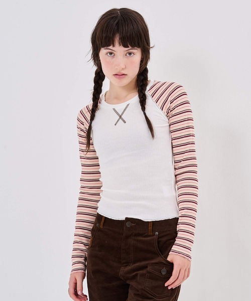 TINA:JOJUN(ティーナジョジュン)の「マルチボーダー ラグラン サーマルロンT TINA:JOJUN(Tシャツ/カットソー・レディース・ホワイト/グレー・M)」の17枚目の写真