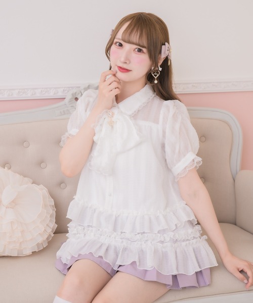 ROJITA（ロジータ）の「ボリュームフリルボウタイチュニック（シャツ/ブラウス・レディース・ブラック/ピンク/ホワイト・FREE）」の4枚目の写真
