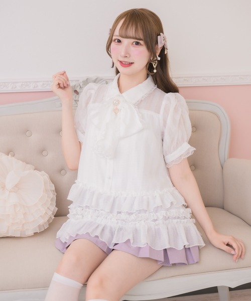 ROJITA（ロジータ）の「ボリュームフリルボウタイチュニック（シャツ/ブラウス・レディース・ブラック/ピンク/ホワイト・FREE）」の6枚目の写真