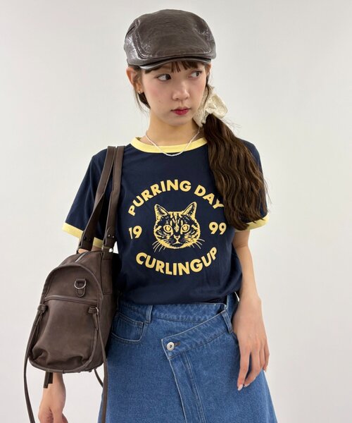 w closet(ダブルクローゼット)の「ネコプリントリンガーTシャツ(Tシャツ/カットソー・レディース・ピンク/アイボリー/オフホワイト/ネイビー・FREE)」の1枚目の写真