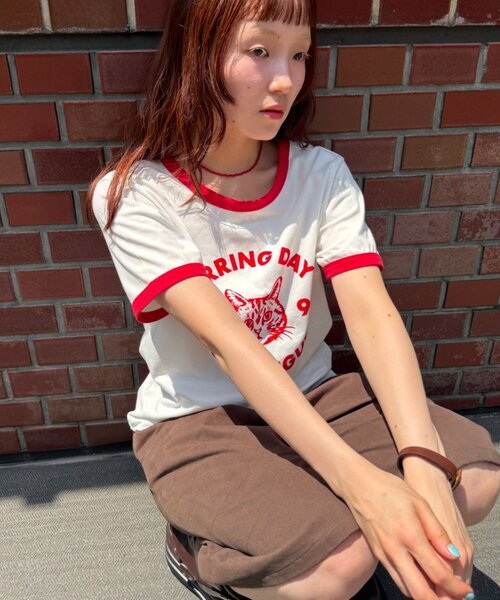 w closet(ダブルクローゼット)の「ネコプリントリンガーTシャツ(Tシャツ/カットソー・レディース・ピンク/アイボリー/オフホワイト/ネイビー・FREE)」の2枚目の写真