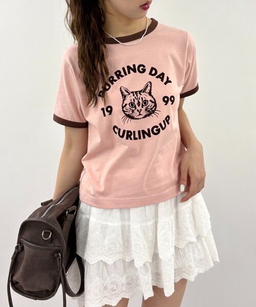 w closet(ダブルクローゼット)の「ネコプリントリンガーTシャツ(Tシャツ/カットソー・レディース・ピンク/アイボリー/オフホワイト/ネイビー・FREE)」の4枚目の写真