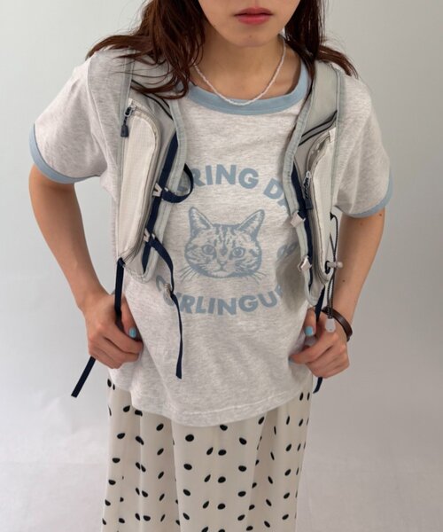 w closet(ダブルクローゼット)の「ネコプリントリンガーTシャツ(Tシャツ/カットソー・レディース・ピンク/アイボリー/オフホワイト/ネイビー・FREE)」の3枚目の写真