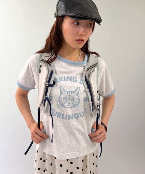 w closet(ダブルクローゼット)の「ネコプリントリンガーTシャツ(Tシャツ/カットソー・レディース・ピンク/アイボリー/オフホワイト/ネイビー・FREE)」の5枚目の写真