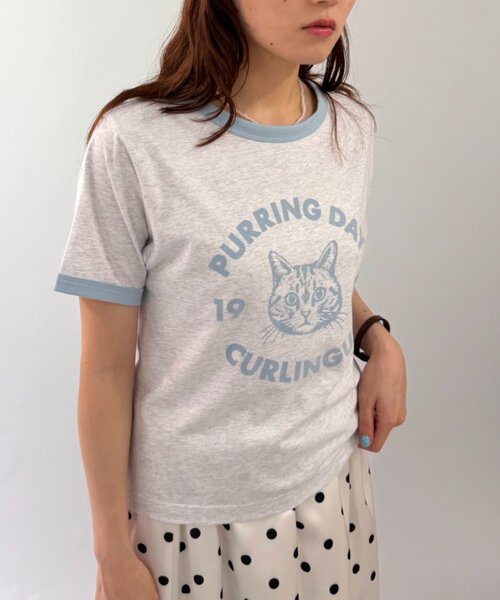 w closet(ダブルクローゼット)の「ネコプリントリンガーTシャツ(Tシャツ/カットソー・レディース・ピンク/アイボリー/オフホワイト/ネイビー・FREE)」の6枚目の写真