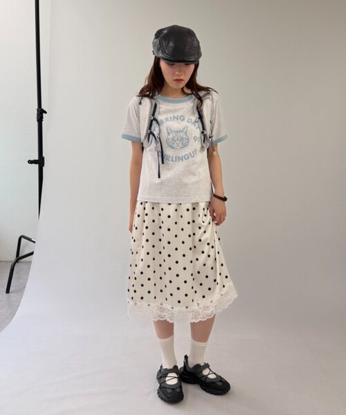 w closet(ダブルクローゼット)の「ネコプリントリンガーTシャツ(Tシャツ/カットソー・レディース・ピンク/アイボリー/オフホワイト/ネイビー・FREE)」の8枚目の写真