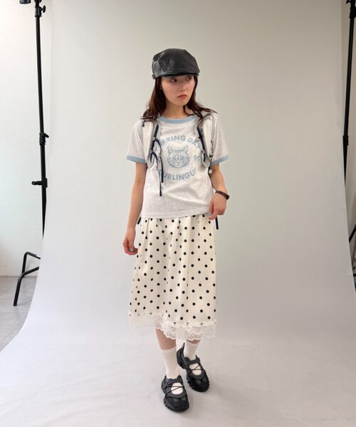 w closet(ダブルクローゼット)の「ネコプリントリンガーTシャツ(Tシャツ/カットソー・レディース・ピンク/アイボリー/オフホワイト/ネイビー・FREE)」の11枚目の写真