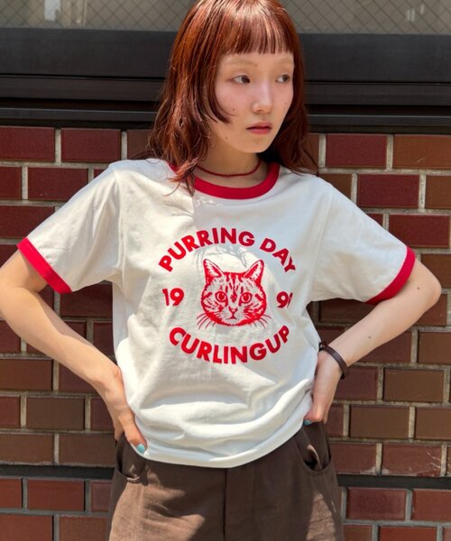 w closet(ダブルクローゼット)の「ネコプリントリンガーTシャツ(Tシャツ/カットソー・レディース・ピンク/アイボリー/オフホワイト/ネイビー・FREE)」の12枚目の写真