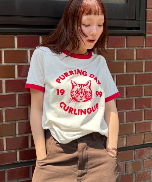 w closet(ダブルクローゼット)の「ネコプリントリンガーTシャツ(Tシャツ/カットソー・レディース・ピンク/アイボリー/オフホワイト/ネイビー・FREE)」の17枚目の写真