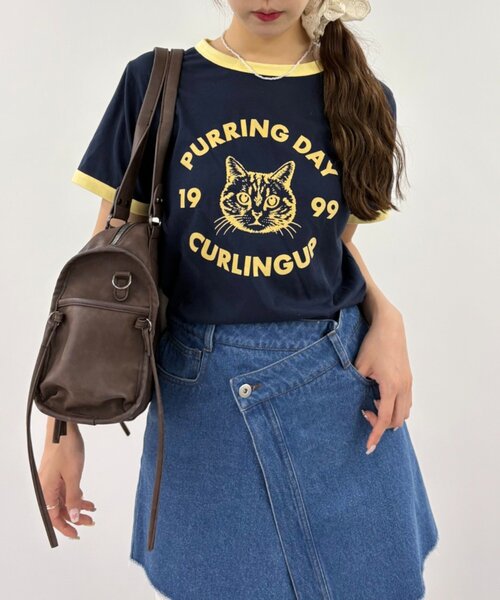 w closet(ダブルクローゼット)の「ネコプリントリンガーTシャツ(Tシャツ/カットソー・レディース・ピンク/アイボリー/オフホワイト/ネイビー・FREE)」の18枚目の写真