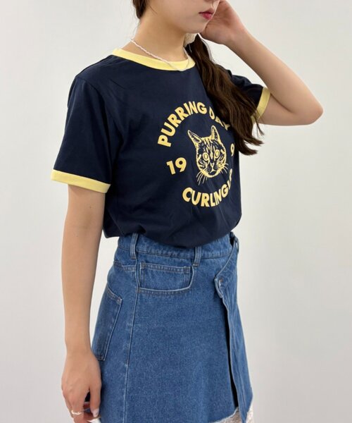 w closet(ダブルクローゼット)の「ネコプリントリンガーTシャツ(Tシャツ/カットソー・レディース・ピンク/アイボリー/オフホワイト/ネイビー・FREE)」の19枚目の写真
