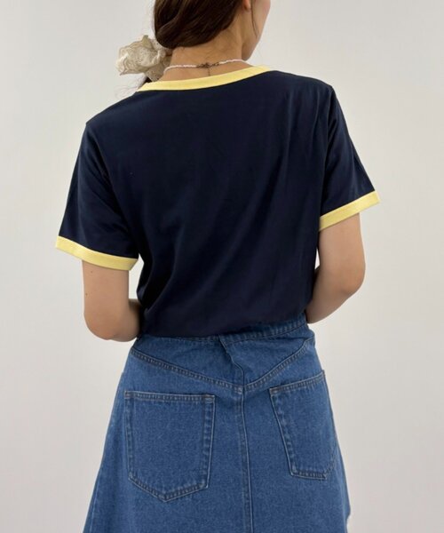 w closet(ダブルクローゼット)の「ネコプリントリンガーTシャツ(Tシャツ/カットソー・レディース・ピンク/アイボリー/オフホワイト/ネイビー・FREE)」の20枚目の写真