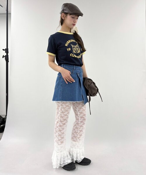w closet(ダブルクローゼット)の「ネコプリントリンガーTシャツ(Tシャツ/カットソー・レディース・ピンク/アイボリー/オフホワイト/ネイビー・FREE)」の22枚目の写真