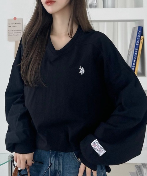 U.S. POLO ASSN.（ユーエスポロアッスン）の「【Ada.別注 U.S. POLO ASSN.】Vネック ドロップショルダー ルーズ カットソー（Tシャツ/カットソー・レディース・サックスブルー/ブラック/ホワイト・S/M）」の7枚目の写真