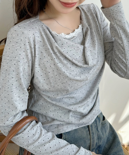 Ada.(エイダ)の「ピンドット柄 レース切替 ドレープ カットソー(Tシャツ/カットソー・レディース・ホワイト/ピンク/グレー/ブラック・FREE)」の3枚目の写真