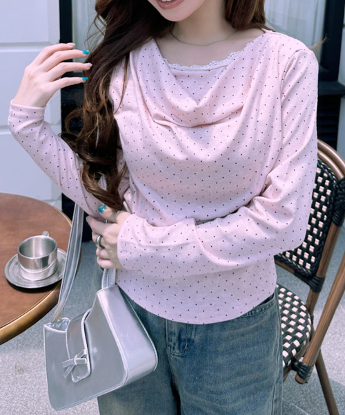 Ada.(エイダ)の「ピンドット柄 レース切替 ドレープ カットソー(Tシャツ/カットソー・レディース・ホワイト/ピンク/グレー/ブラック・FREE)」の12枚目の写真