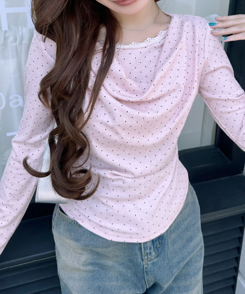 Ada.(エイダ)の「ピンドット柄 レース切替 ドレープ カットソー(Tシャツ/カットソー・レディース・ホワイト/ピンク/グレー/ブラック・FREE)」の11枚目の写真