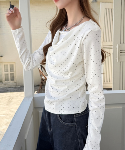 Ada.(エイダ)の「ピンドット柄 レース切替 ドレープ カットソー(Tシャツ/カットソー・レディース・ホワイト/ピンク/グレー/ブラック・FREE)」の18枚目の写真