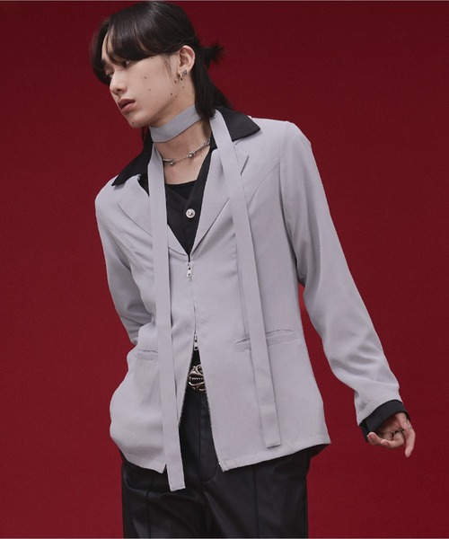Ellno Loset(エルノロゼット)の「【SEME】bi-color slim wzip jacket with bow tie(テーラードジャケット・メンズ・ライトグレー/ブラック・MEDIUM/LARGE)」の2枚目の写真