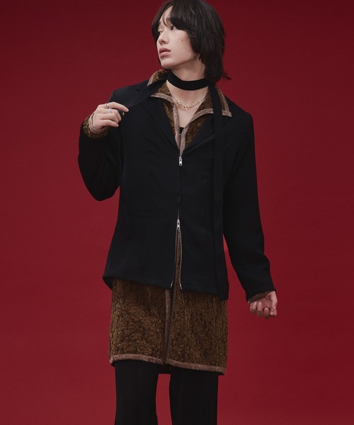 Ellno Loset(エルノロゼット)の「【SEME】bi-color slim wzip jacket with bow tie(テーラードジャケット・メンズ・ライトグレー/ブラック・MEDIUM/LARGE)」の5枚目の写真