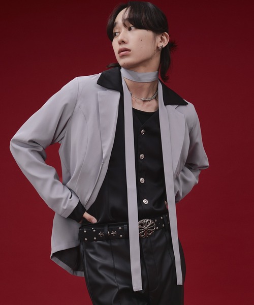Ellno Loset(エルノロゼット)の「【SEME】bi-color slim wzip jacket with bow tie(テーラードジャケット・メンズ・ライトグレー/ブラック・MEDIUM/LARGE)」の22枚目の写真