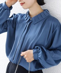 〈手洗い可能〉襟 タック サテン ロング スリーブ ブラウス