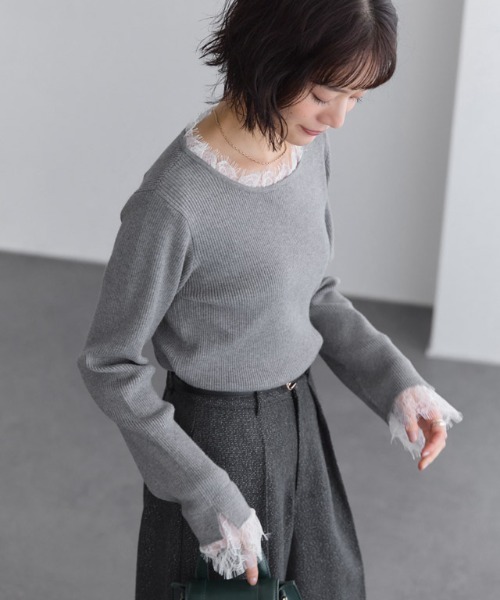 Pierrot(ピエロ)の「ボートネックレースドッキングニット(ニット/セーター・レディース・ホワイト系その他/ブラック×ブラック/杢グレー/グレイッシュベージュ・M/L/LL)」の16枚目の写真