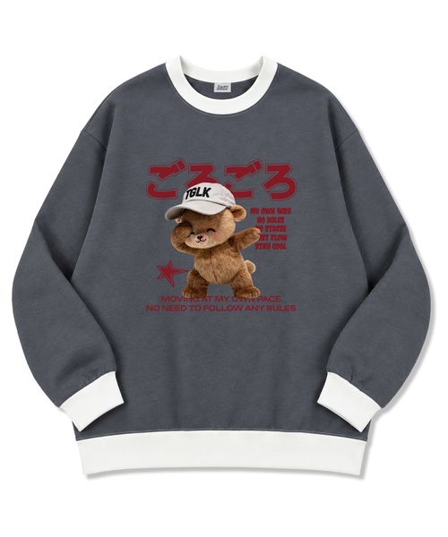 TI.GLAKE(ティーグレイク)の「スマイルキャップベア オーバーサイズ 厚手裏毛 リンガー スウェットTシャツ 2color(スウェット・レディース・チャコール/ブラック・MEDIUM/LARGE/X-LARGE/XX-LARGE)」の2枚目の写真