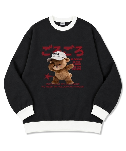 TI.GLAKE(ティーグレイク)の「スマイルキャップベア オーバーサイズ 厚手裏毛 リンガー スウェットTシャツ 2color(スウェット・レディース・チャコール/ブラック・MEDIUM/LARGE/X-LARGE/XX-LARGE)」の1枚目の写真