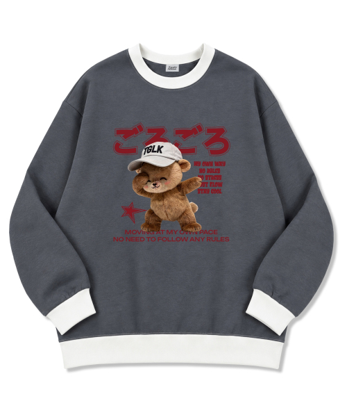 TI.GLAKE(ティーグレイク)の「スマイルキャップベア オーバーサイズ 厚手裏毛 リンガー スウェットTシャツ 2color(スウェット・レディース・チャコール/ブラック・MEDIUM/LARGE/X-LARGE/XX-LARGE)」の3枚目の写真