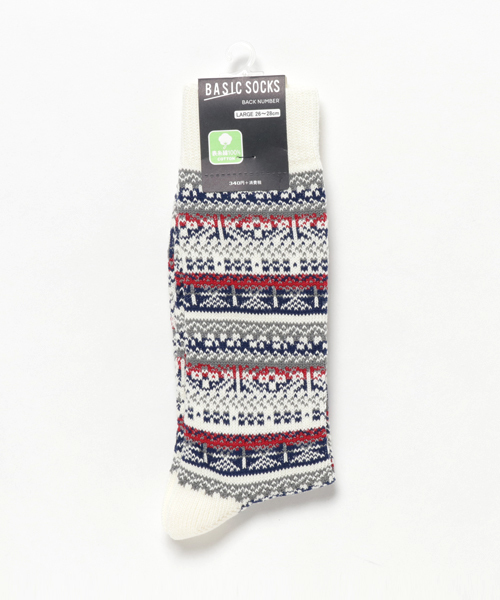Right-on(ライトオン)の「【Right-On Basic】フェアアイル柄クルーソックス(ソックス/靴下・メンズ・オフホワイト/グレー/ブラック/ネイビー/ダークグレー/レッド/ホワイト×ブラック/ピンク系その他・S26-28/25-27/26-28cm)」の2枚目の写真