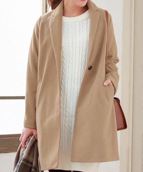 KOBE LETTUCE（コウベレタス）の「フェイクウールスタンダードチェスターコート＊レディース/アウター/ミディアム丈[K744]神戸レタス（チェスターコート・レディース・チャコールグレー/ブラック/グレー/ブルー/ボルドー/キャメル/ピンクベージュ・FREE）」の16枚目の写真