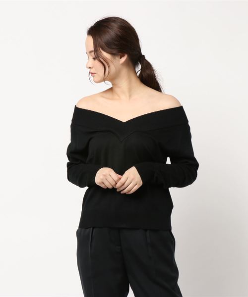 KOBE LETTUCE（コウベレタス）の「[Vネック/ボートネック/バックシャン/オフショルダー]4Wayカシュクールビタミンカラーハイゲージニットトップス（ニット/セーター・レディース・グリーン/パープル系その他/ブラック/イエロー/グレー/オフホワイト・FREE）」の8枚目の写真