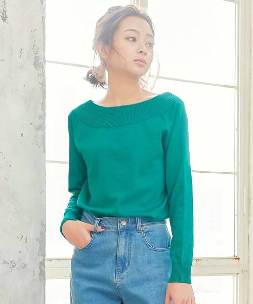 KOBE LETTUCE（コウベレタス）の「[Vネック/ボートネック/バックシャン/オフショルダー]4Wayカシュクールビタミンカラーハイゲージニットトップス（ニット/セーター・レディース・グリーン/パープル系その他/ブラック/イエロー/グレー/オフホワイト・FREE）」の15枚目の写真