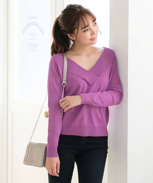 KOBE LETTUCE（コウベレタス）の「[Vネック/ボートネック/バックシャン/オフショルダー]4Wayカシュクールビタミンカラーハイゲージニットトップス（ニット/セーター・レディース・グリーン/パープル系その他/ブラック/イエロー/グレー/オフホワイト・FREE）」の19枚目の写真