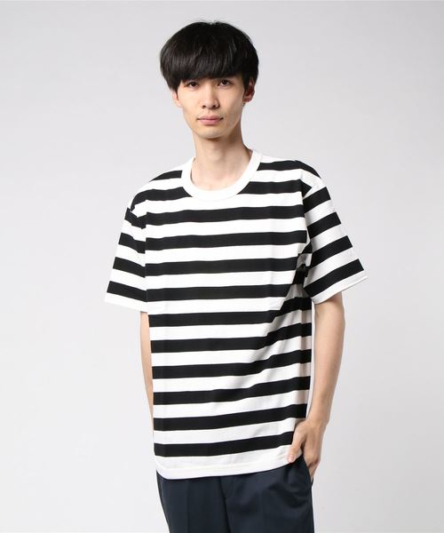 PARKS TOKYO SELECT(パークストウキョウセレクト)の「【BS】天竺 裾ラウンド 半袖カットソー(Tシャツ/カットソー・メンズ・ブラック/ベージュ/ネイビー/オフホワイト/カーキ/ホワイト×ブラック/ライトイエロー/ホワイト×ネイビー・MEDIUM/LARGE)」の3枚目の写真