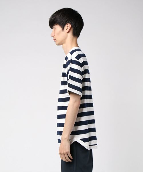PARKS TOKYO SELECT(パークストウキョウセレクト)の「【BS】天竺 裾ラウンド 半袖カットソー(Tシャツ/カットソー・メンズ・ブラック/ベージュ/ネイビー/オフホワイト/カーキ/ホワイト×ブラック/ライトイエロー/ホワイト×ネイビー・MEDIUM/LARGE)」の9枚目の写真