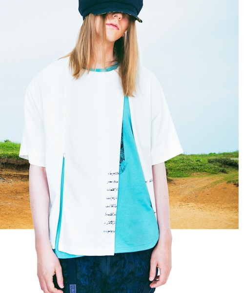 meagratia(メアグラーティア)の「Concealed zip BIG Tee(Tシャツ/カットソー・メンズ・ブルー/カーキ/ホワイト・3/4/1/2)」の2枚目の写真
