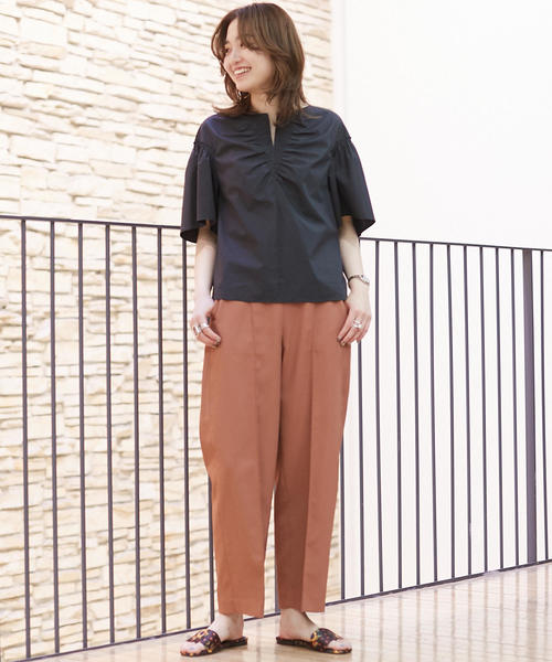 セール】コットンタイプライター シャーリングブラウス（シャツ